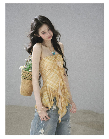 "Fields of Provence" Goose Yellow Halter Plaid Waist-Cinched Top