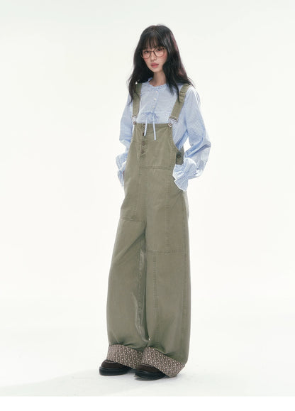 [CAN] Olive Green Floral-Trim Cargo Overalls