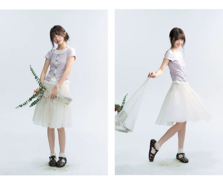Korean Layered Bow Knit Short Sleeve T-Shirt in Violet