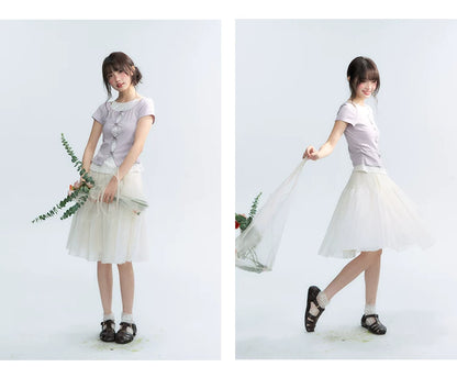 Korean Layered Bow Knit Short Sleeve T-Shirt in Violet