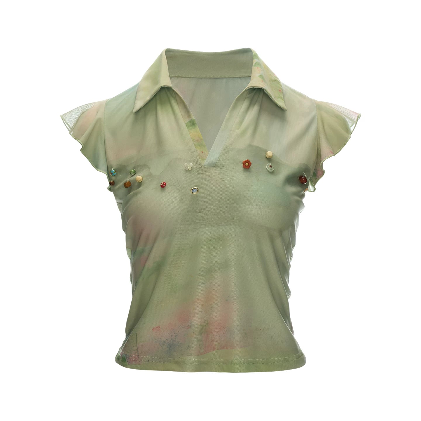 "Vintage Oil Bloom" Beaded Flutter Sleeve Polo Top WE958
