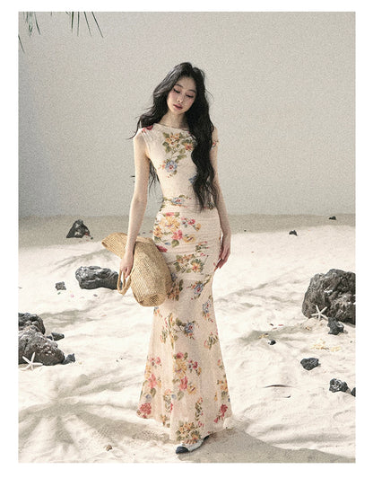 "Waiting for Blossoms" Dutch Cream Floral Mermaid Maxi Dress 43236
