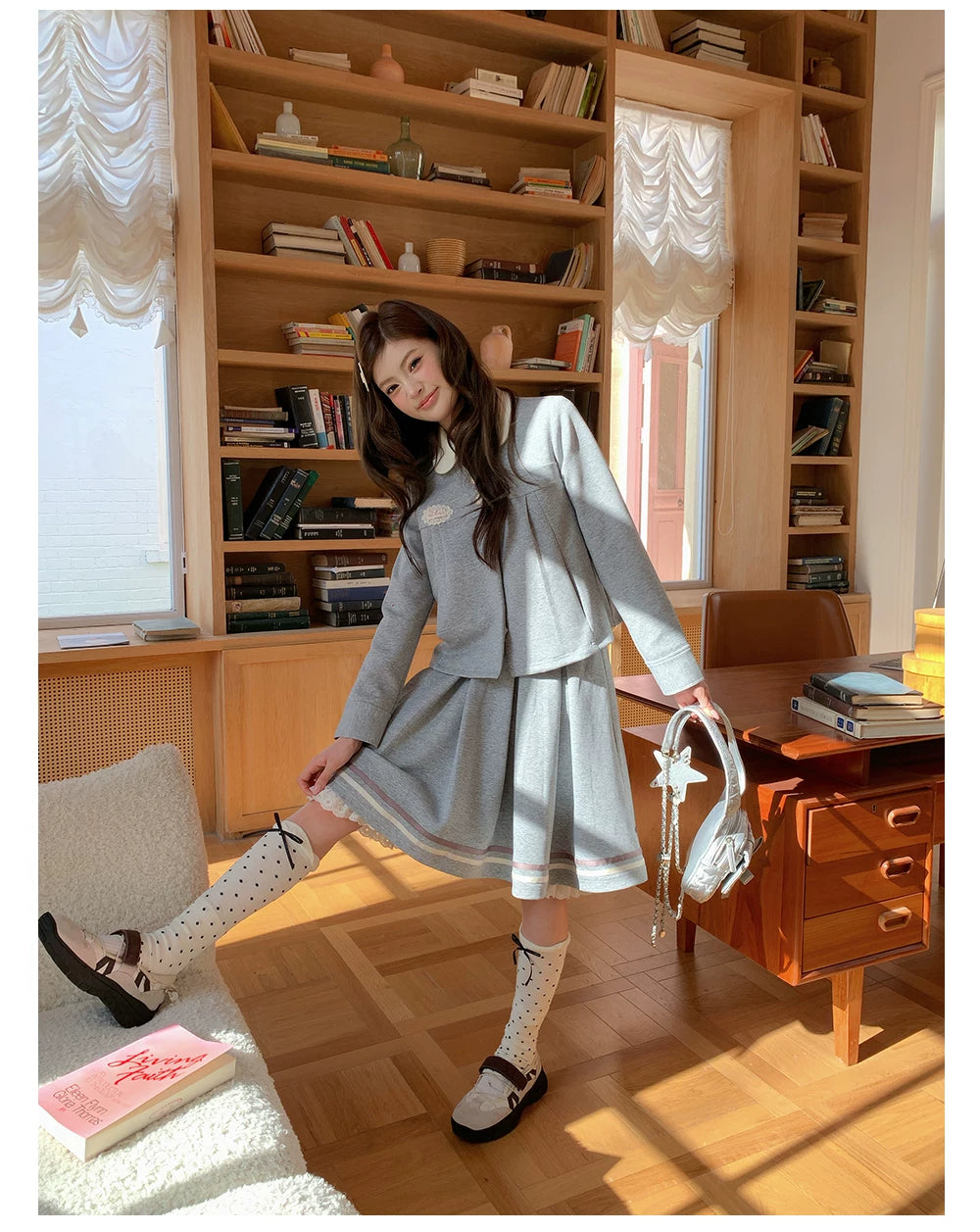 “Misty Academy Reverie” Light Grey Cropped Top & Bubble Mini Skirt