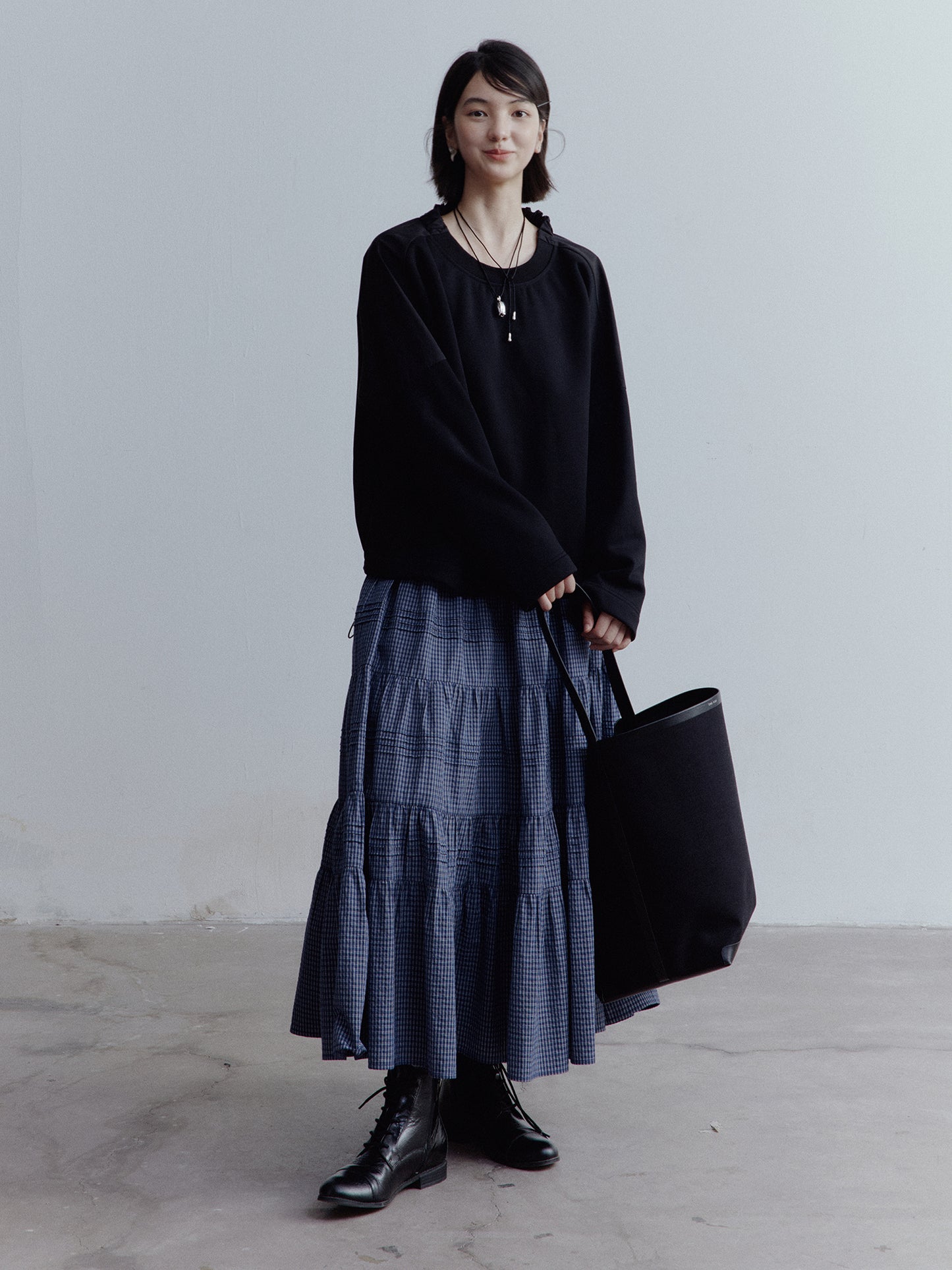 FUSSED Blue & White Gingham Cotton Tiered Midi Skirt FOF-25SS156b