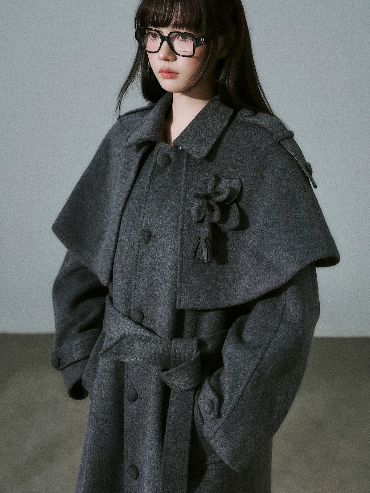 LOST FOREST - Dark Medium Gray Wool-Blend Coat with Detachable Cape & Fringe Flowers
