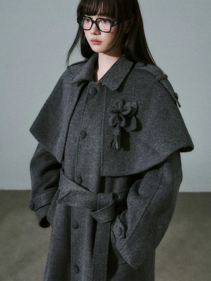 LOST FOREST - Dark Medium Gray Wool-Blend Coat with Detachable Cape & Fringe Flowers