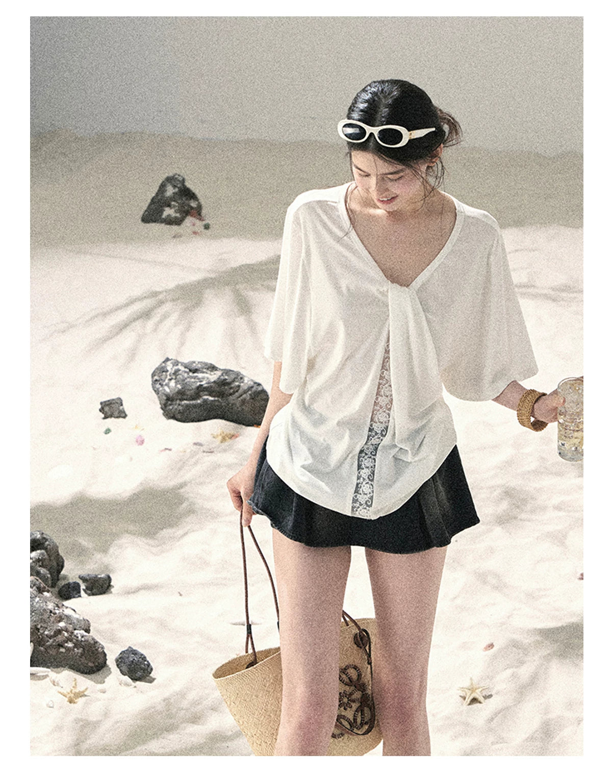 "Undisturbed Mist" Cloud White Lace Cutout V-Neck T-Shirt 45638453
