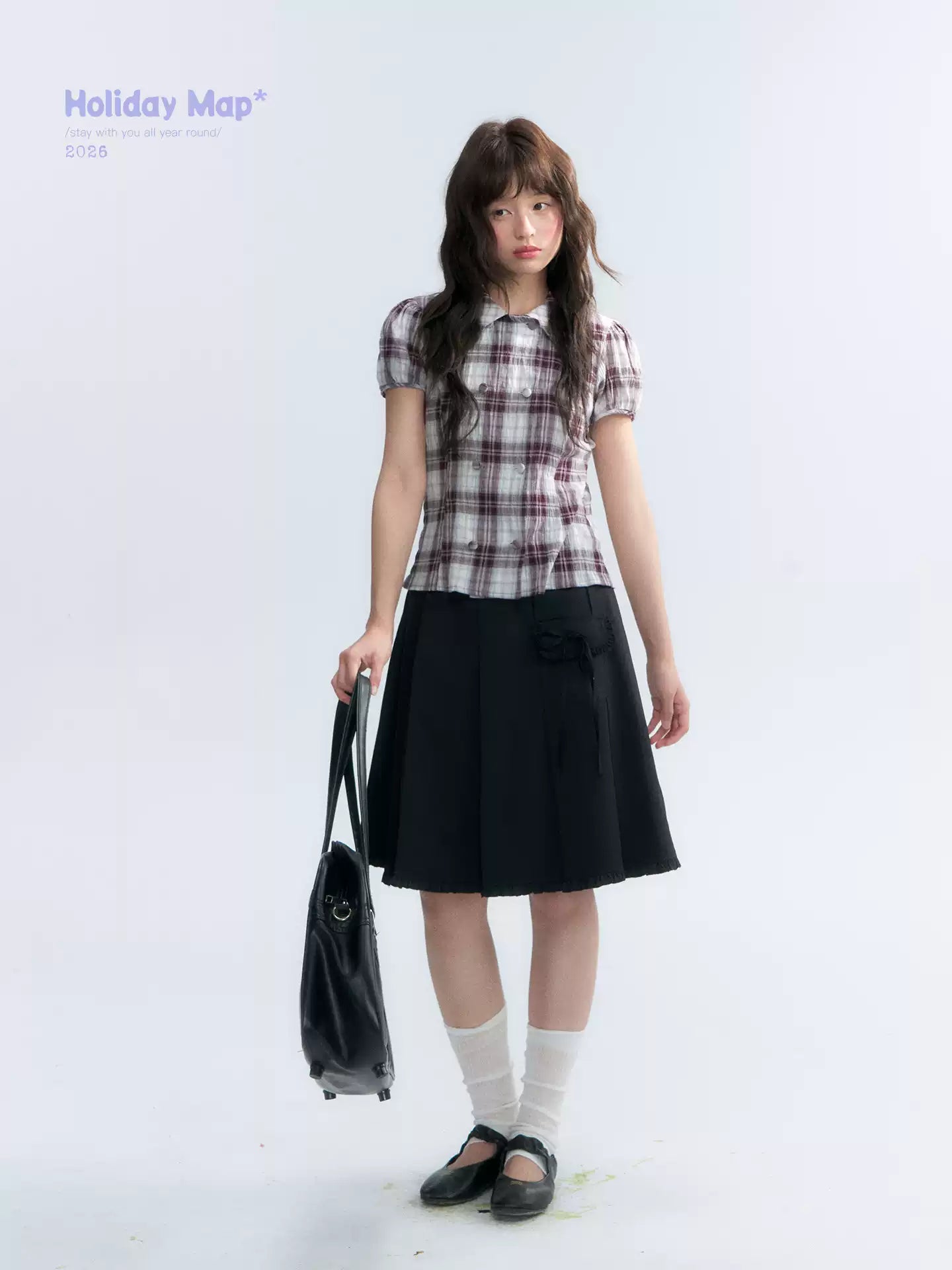 "Violet Mist Bow" Purple Brown Plaid Blouse