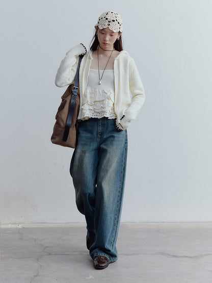 FUSSED Almond Cream Cropped Hooded Knit Jacket with Contrast Shell Embroidery FOF-25SS174