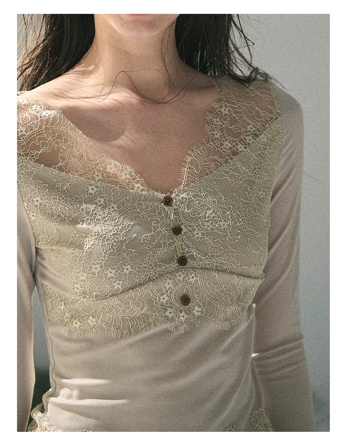 “Traces Left by the Wind” Ash Ivory Lace V-Neck Top
