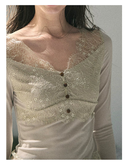 “Traces Left by the Wind” Ash Ivory Lace V-Neck Top