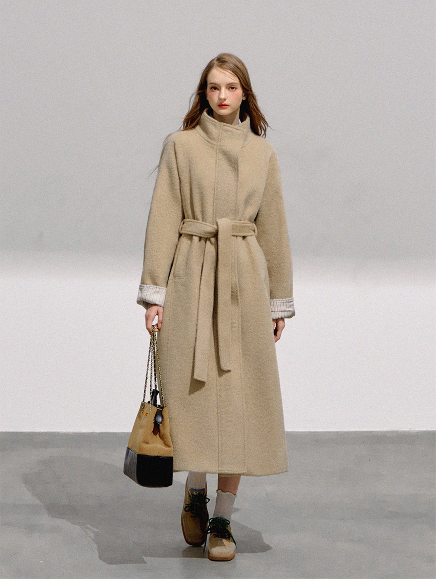 BOHOL BLING - Vintage Preppy Khaki Wool Blend Long Coat
