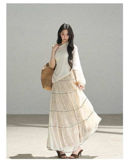 "Mist Through the Woods" Creamy Apricot White Lace Maxi A-Line Skirt