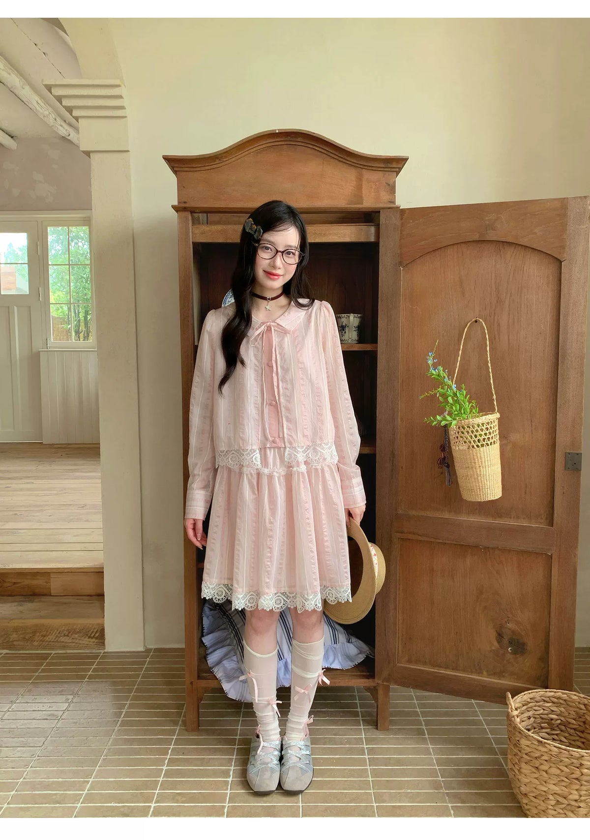 [RF] “Blush Cloud Reverie” Pink Lace-Trim Stripe Blouse & Skirt Set
