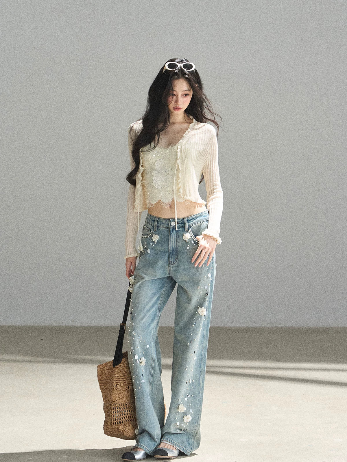 "Waiting for the Breeze" Apricot Lace Knit Cardigan & Cami Set