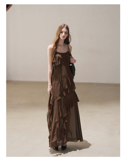 170726 "Whispers Beneath the Brown Skirt" Mocha Mousse Ruffle Cami Mini Dress + Gray Taupe Tailored Blazer