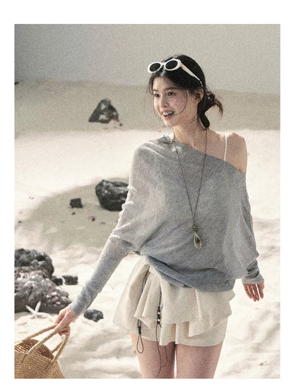"Misty Veil Whisper" Cloud Trail Gray Off-Shoulder Sheer Sun Protection Top 5345634