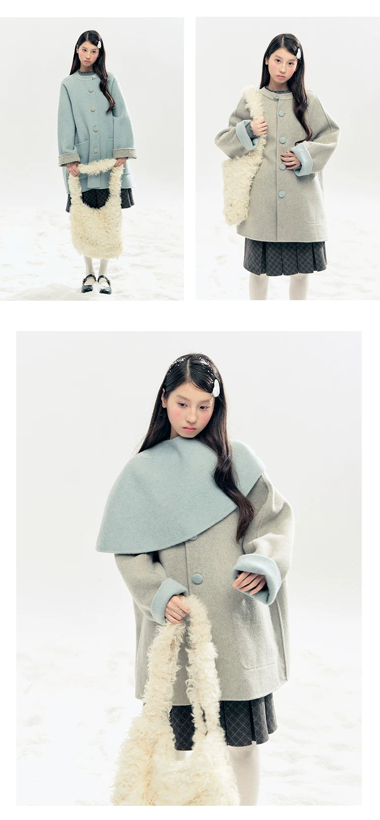 "Double Winter Embrace" Blue & Gray Reversible Wool-Blend Cape Coat