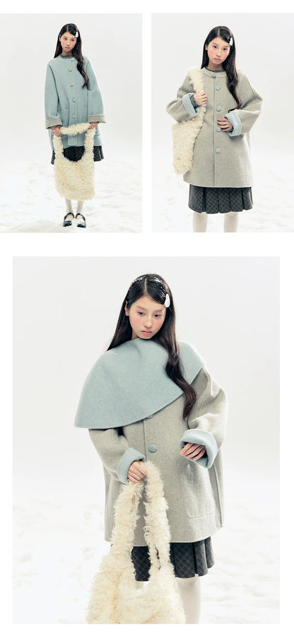 "Double Winter Embrace" Blue & Gray Reversible Wool-Blend Cape Coat