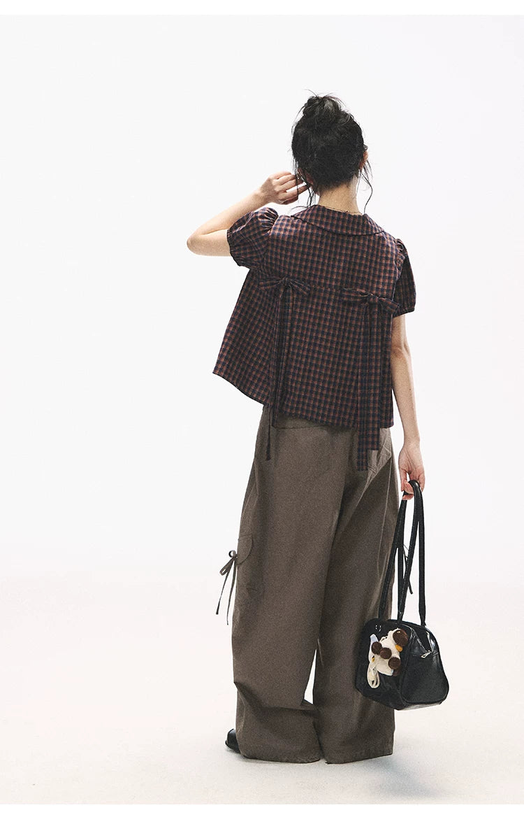 "Retro Plaid Sweetheart" Navy Orange Check Cotton Peter Pan Collar Blouse