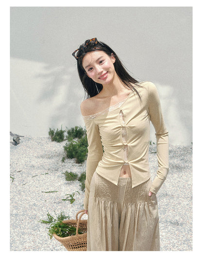 少也眼 “She Becomes Poetry in Motion” Layered One-Shoulder Lace Top - Toasted Rice Beige 78967896