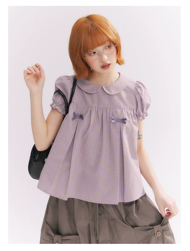 “Taro Milk Candy” Purple Plaid Bow Peter Pan Collar Puff Sleeve Blouse