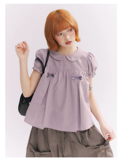 “Taro Milk Candy” Purple Plaid Bow Peter Pan Collar Puff Sleeve Blouse