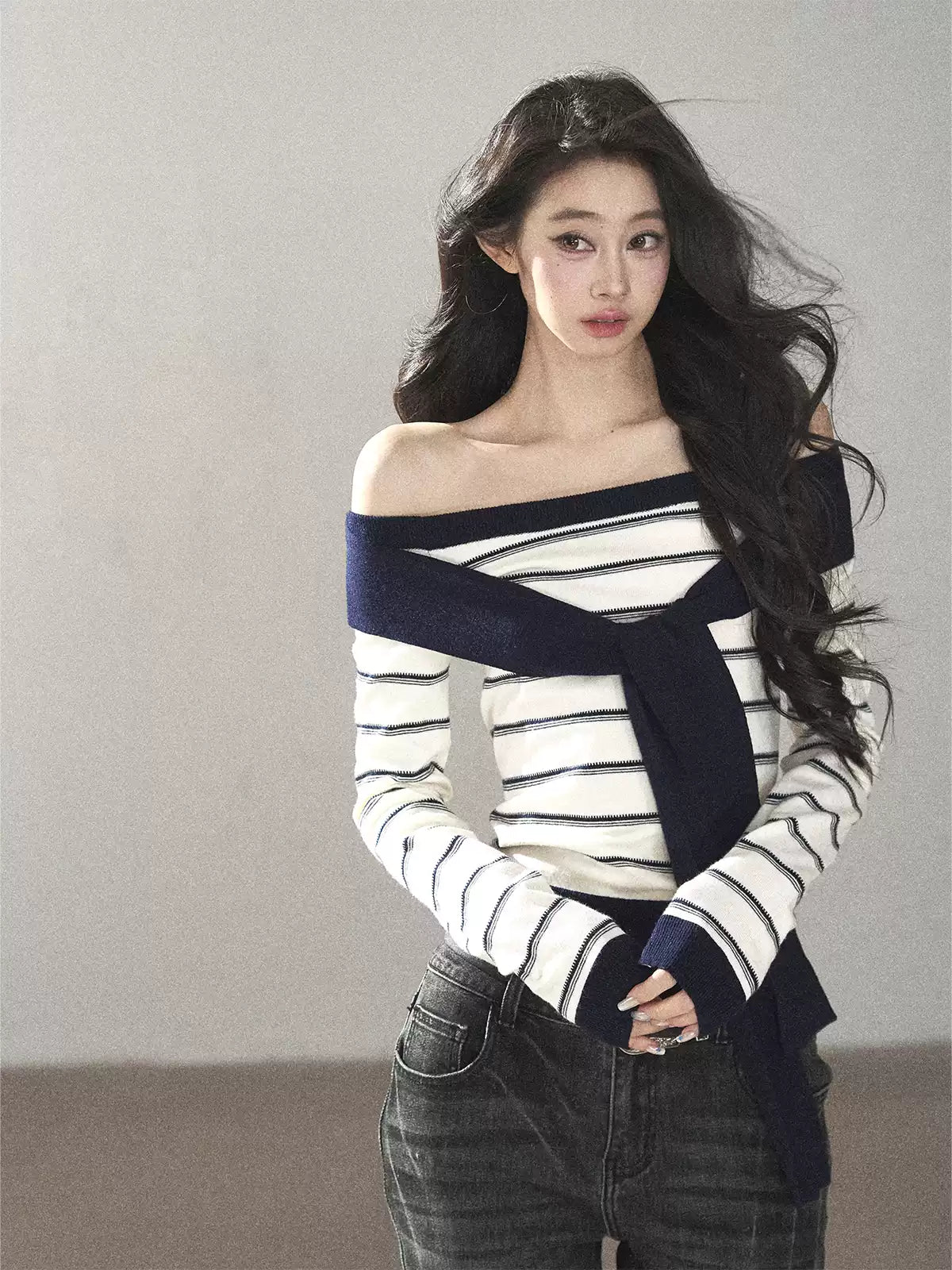AOMALM - Ivory Stripe Faux-Layered Knit Top with Shoulder Ties