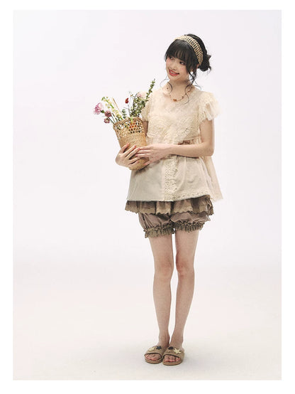 "Apricot Blossom Letter" Oatmeal Lace Patchwork Short Sleeve Blouse