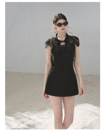 "Moonlit Rose Sonata" Tranquil Black Lace Mini Dress & Cape Set