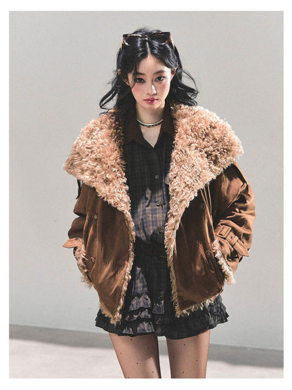 少也眼 "Velveted Winter" Cozy Shearling Fleece Jacket - Coffee Brown