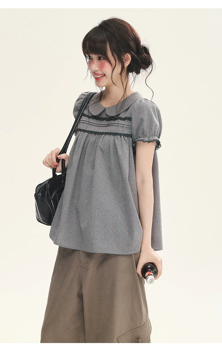 "Sweet Silhouette" Plaid Lace Trim Puff Sleeve Peter Pan Collar Blouse (Red Blue / Red White)