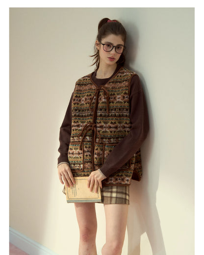SunsetPark - "Mocha Fair Isle" Caramel Reversible Bow-Tie Faux Fur Vest Top