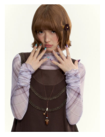"Caramel Afterglow" Cocoa Brown Lace-Trim A-Line Dress Set with Purple Plaid Layering Top