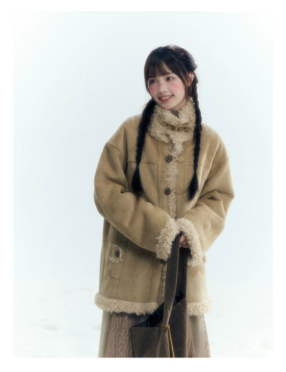 Horridale - Vintage Tan Suede-Effect Sherpa-Lined Stand Collar Jacket
