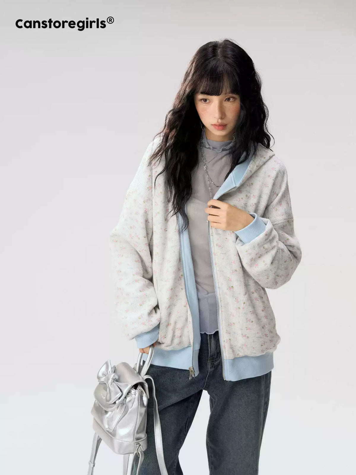 [CAN] "Misty Blue Floral Reverie" Light Blue Floral Set (Reversible Jacket / Sweatpants / Tiered Skirt)