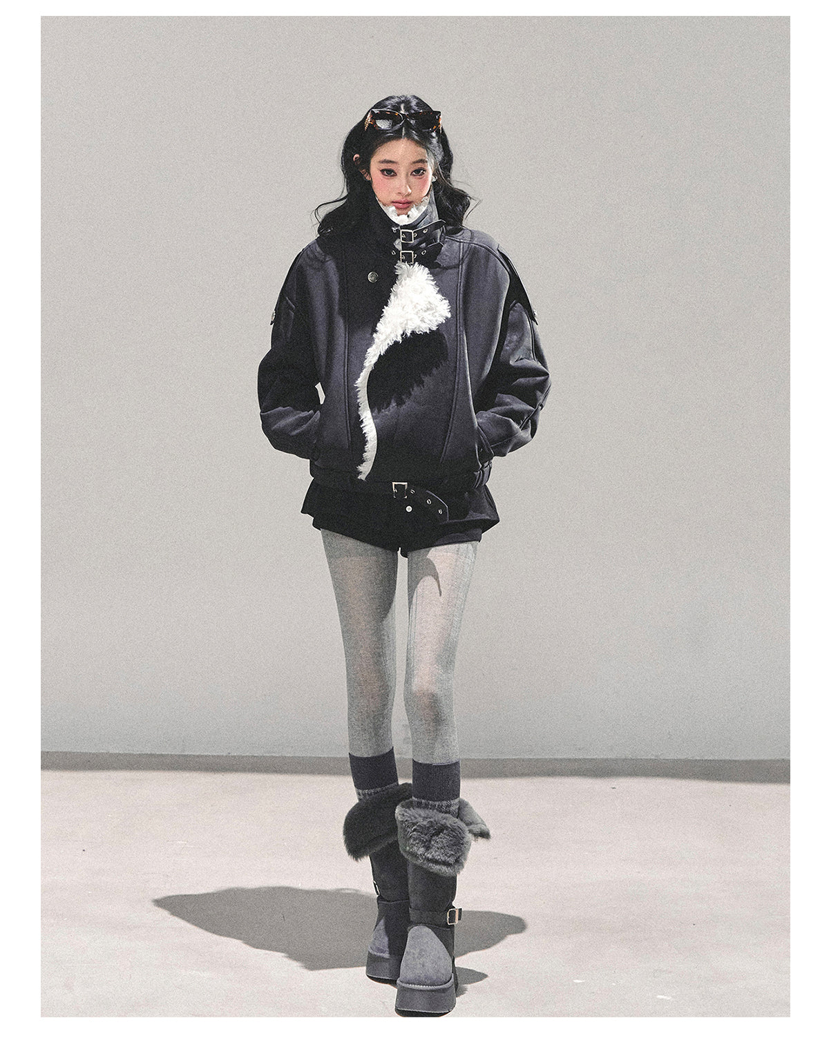 少也眼 "Time’s Hidden Reef" Faux Fur-Lined Cotton Jacket with Belt 8731321