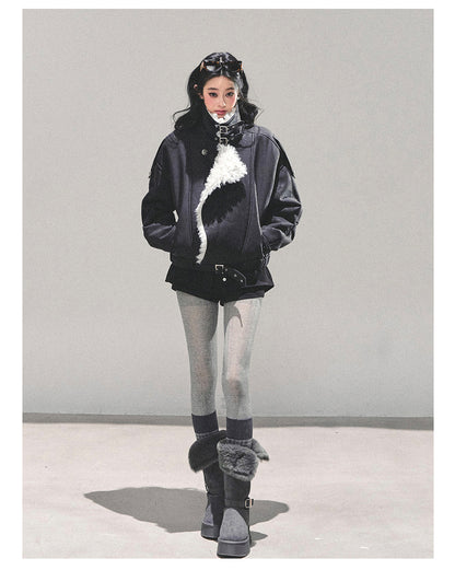 少也眼 "Time’s Hidden Reef" Faux Fur-Lined Cotton Jacket with Belt 8731321