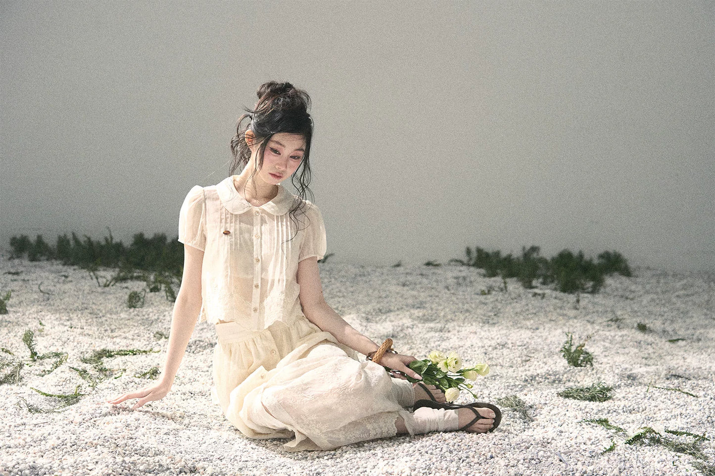 "Apricot Blossom After Rain" Dutch Cheese Lace Blouse & Maxi Skirt Set 532453