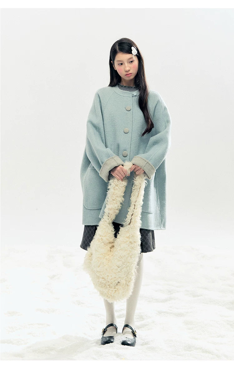 "Double Winter Embrace" Blue & Gray Reversible Wool-Blend Cape Coat