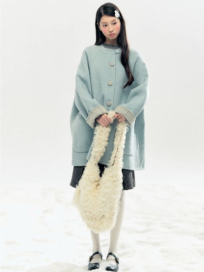 "Double Winter Embrace" Blue & Gray Reversible Wool-Blend Cape Coat