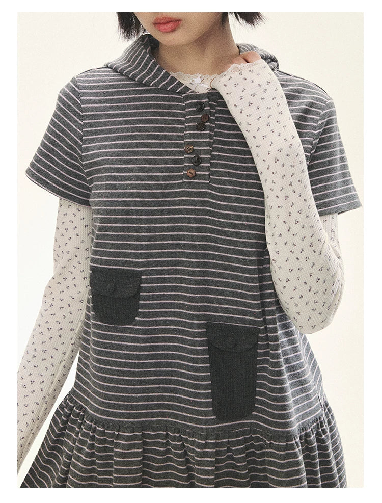 "Seoul Diary" Gray & Pink Stripe Hooded Knit Mini Dress