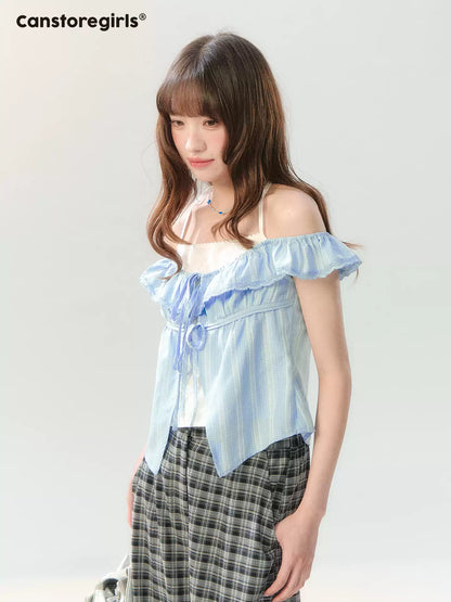 "Blue Mist Academy" Embroidered Off-Shoulder Layered Blouse SH2026204