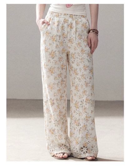 AOMALM - "A Cloud in Bloom" Primrose Yellow Floral Embroidered Lace Wide-Leg Pants