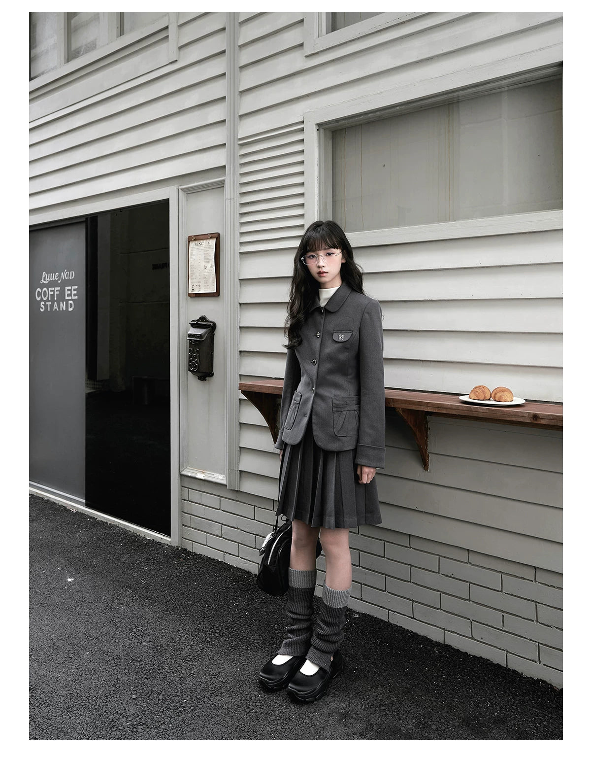 "Grey Finch" Gray Korean Preppy Suit Collection (Blazer / T-Shirt / Box Pleated Skirt)