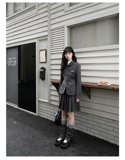 "Grey Finch" Gray Korean Preppy Suit Collection (Blazer / T-Shirt / Box Pleated Skirt)