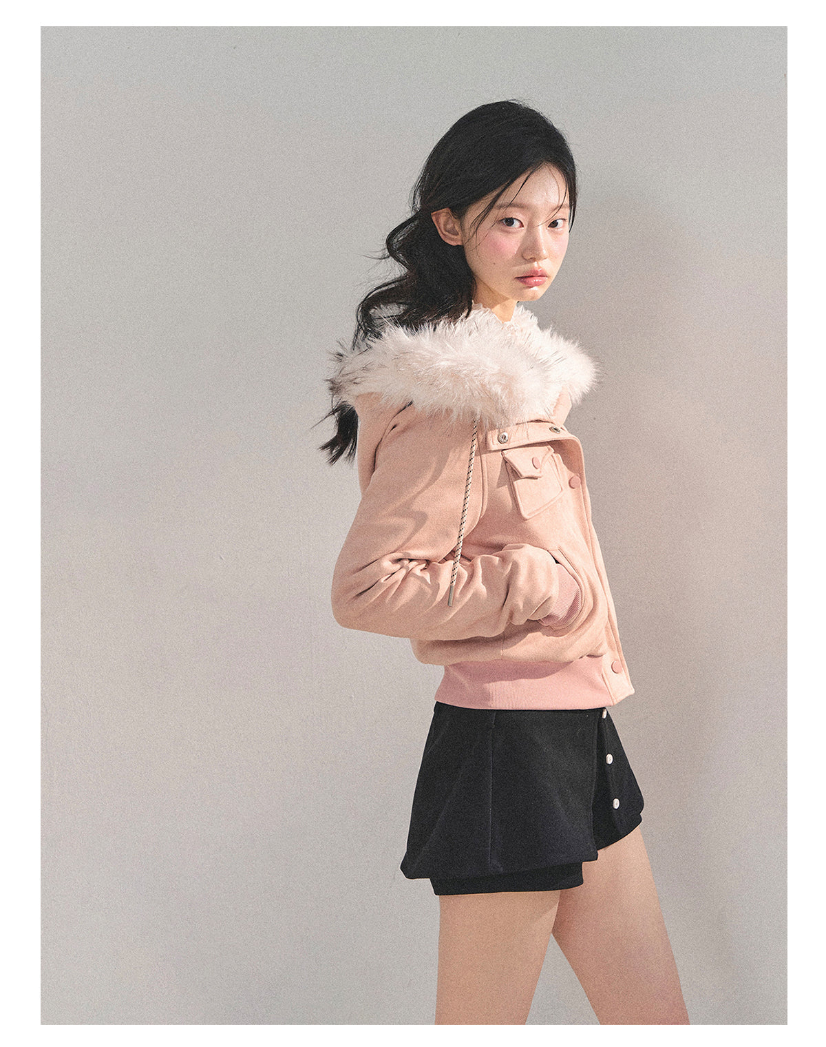 少也眼 “Snowvel Embrace” Hooded Sherpa Jacket - Cinnamon Pink 874351