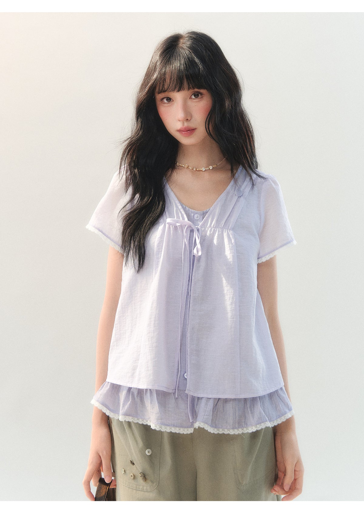 [CAN] "Lilac Cotton Bloom" Lavender Lace Trim Lightweight Cardigan