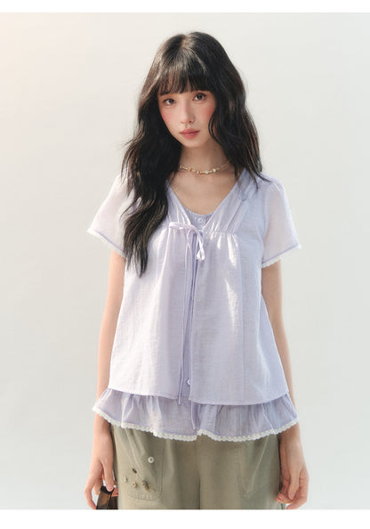 [CAN] "Lilac Cotton Bloom" Lavender Lace Trim Lightweight Cardigan