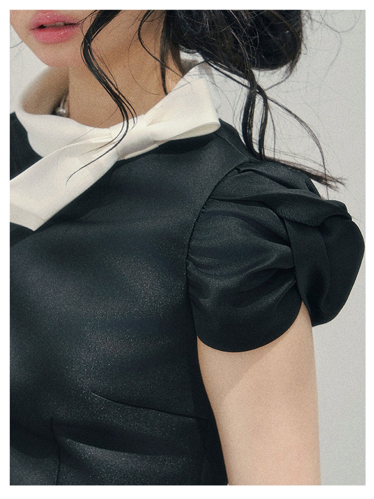 少也眼 “Satin Poise” Tranquil Black Puff Sleeve French A-Line Dress 145